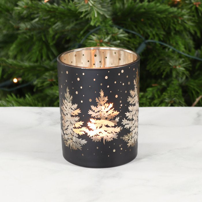 Glazen lantaarn boommotief, 10 x 10 x 12.5cm, zwart/goud