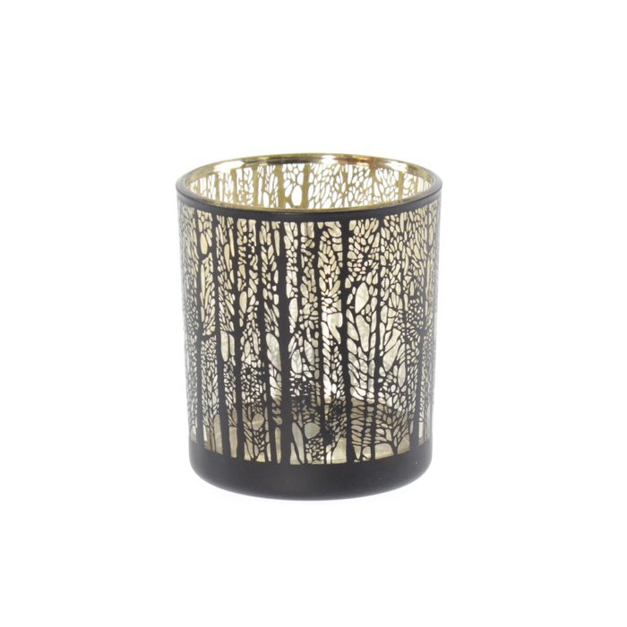 Glazen lantaarn bosmotief, 7 x 7 x 8 cm, zwart/goud