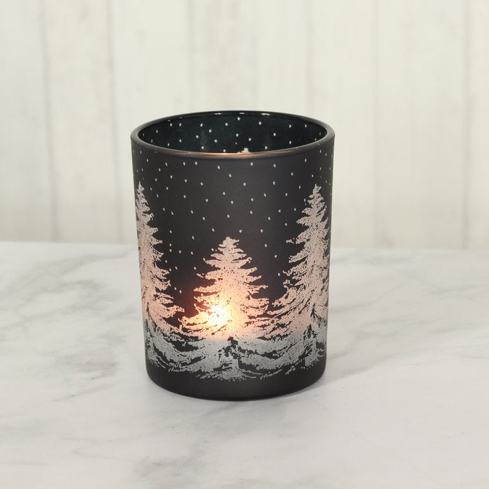 Glaswindlicht Winterwald, 10 x 10 x 12,5 cm, zwart