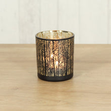 Afbeelding in Gallery-weergave laden, Glazen lantaarn bosmotief, 7 x 7 x 8 cm, zwart/goud
