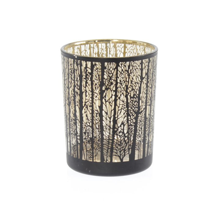 Glazen lantaarn bosmotief, 10 x 10 x 12.5cm, zwart/goud